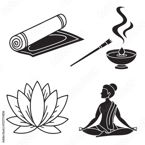Collection of black and white vector icons representing yoga meditation zen spa and wellness activities including a lotus flower