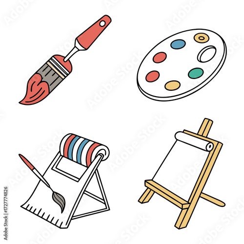 Collection of colorful art supplies including a paintbrush paint palette easel with paper and a drawing board with brush