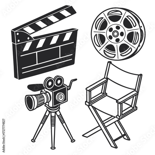 Collection of classic filmmaking icons including a clapperboard film reel vintage camera on a tripod and director s chair