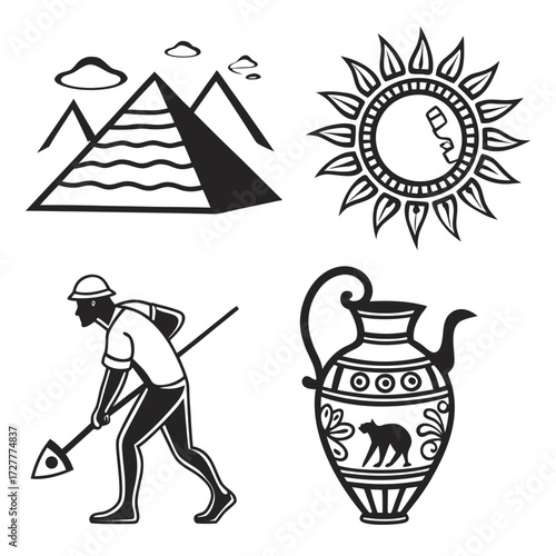 Collection of egyptian inspired icons featuring pyramids a sun god a farmer with a hoe and a decorative vase with a cat motif