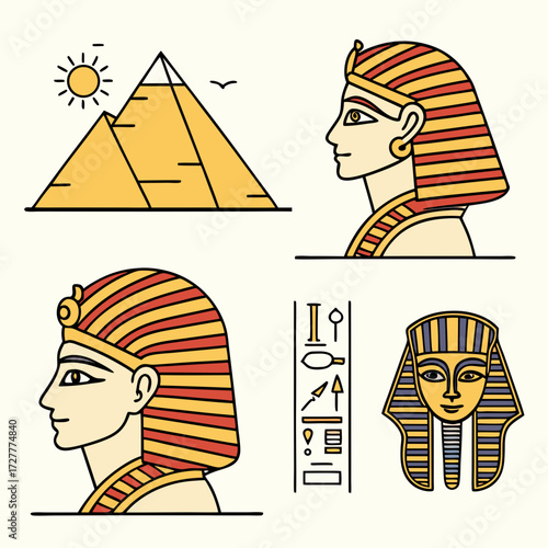 Collection of egyptian symbols including pyramids pharaohs hieroglyphs and tutankhamun mask in a clean flat design style