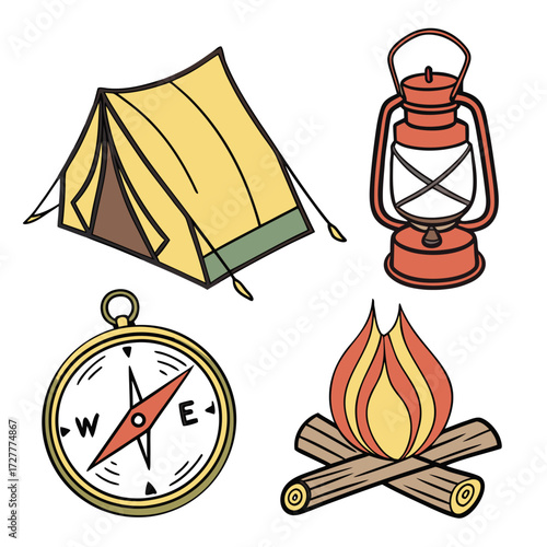 Collection of hand drawn camping icons including a tent lantern compass and campfire perfect for outdoor adventure themes
