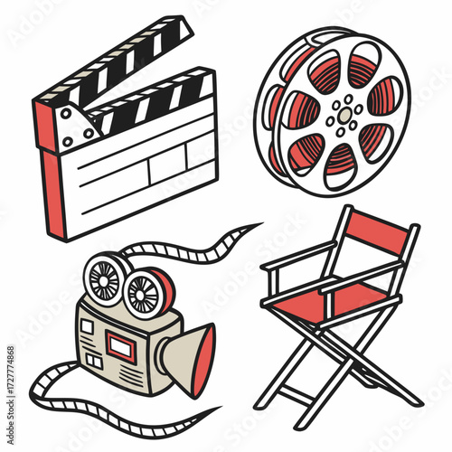 Collection of hand drawn movie making icons including a clapperboard film reel vintage camera and director s chair on white background