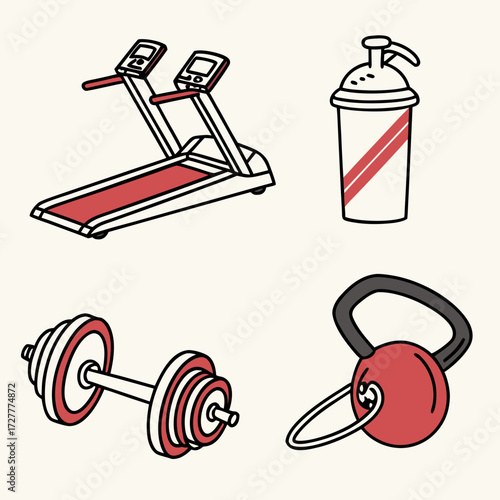 Collection of hand drawn gym equipment including a treadmill shaker bottle dumbbell and kettlebell perfect for fitness concepts