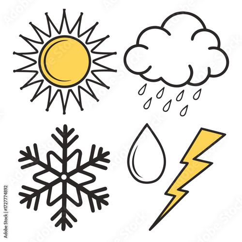 Collection of hand drawn weather icons including sun rain cloud snowflake water drop and lightning bolt symbols