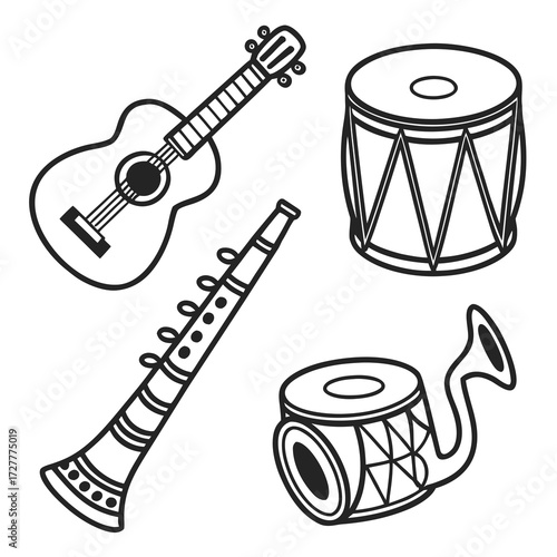 Collection of traditional indian musical instruments including a guitar dholak shehnai and a drum in a simple line art style
