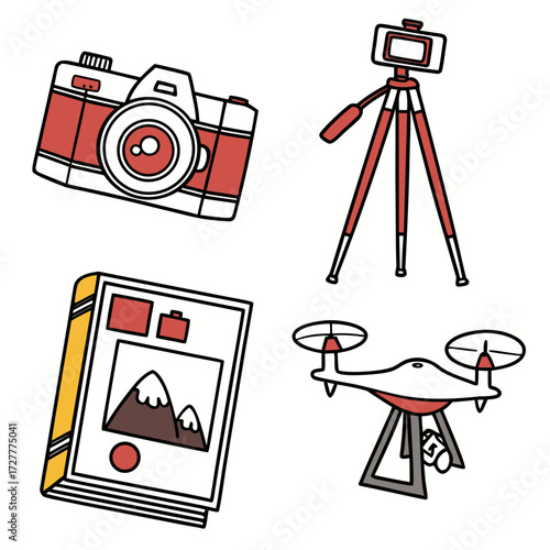 Collection of stylized illustrations featuring a vintage camera tripod with phone photography magazine and a drone on a white background
