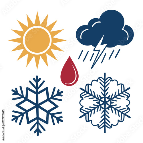 Collection of weather icons including sun rain cloud with lightning raindrops and snowflakes representing different seasons and climate conditions