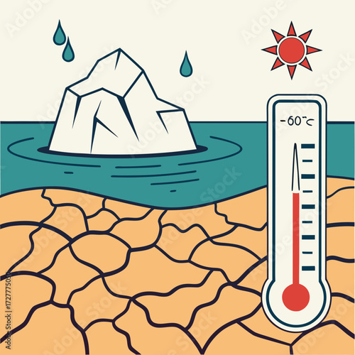 Conceptual illustration of extreme climate change showing a melting iceberg in warm water next to cracked dry earth and a thermometer indicating extreme cold