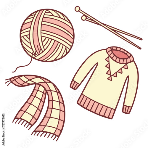 Cozy knitted sweater a ball of yarn knitting needles and a checkered scarf arranged on a white background