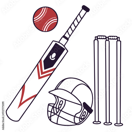 Cricket equipment including a bat ball helmet and wickets displayed on a white background in a simple flat design style