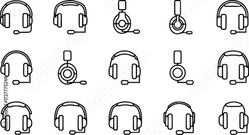 
Set of broadcast headset outline vector icons
