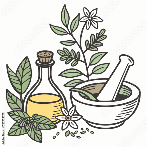 Herbal remedies and natural medicine preparation with a mortar and pestle essential oil in a glass bottle and fresh green herbs and flowers