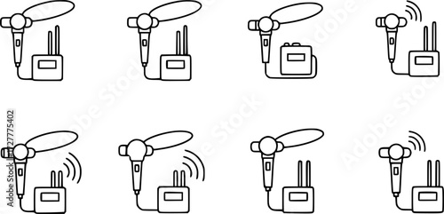 Set of wireless lavalier microphone outline vector icons
