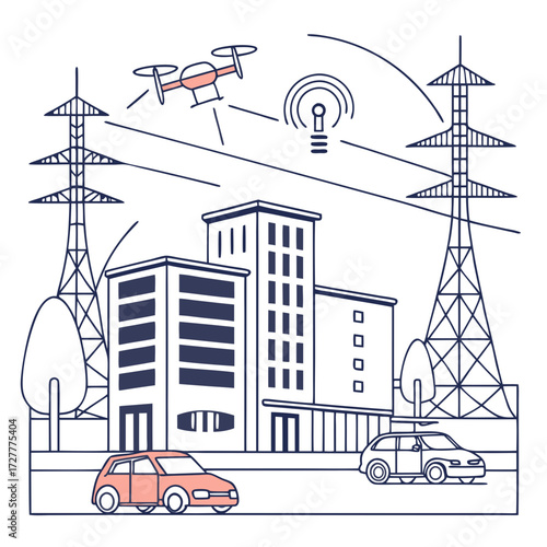 Modern city infrastructure with smart technology integration including drones electric cars and smart lighting systems