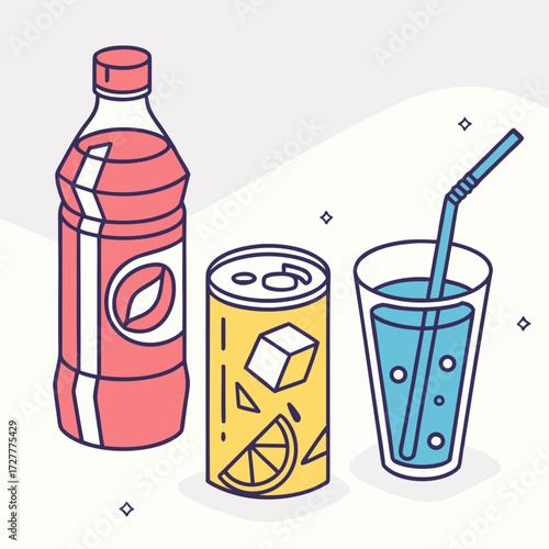 Refreshing beverages including a red soda bottle yellow soda can with ice and lemon and a glass of blue drink with straw