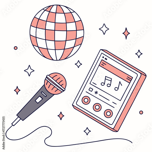 Retro disco ball microphone and music player with stars and circles on a white background for party and entertainment concepts