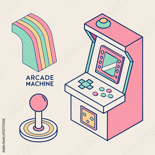 Retro arcade machine and joystick illustration with colorful elements and isometric perspective on a light background