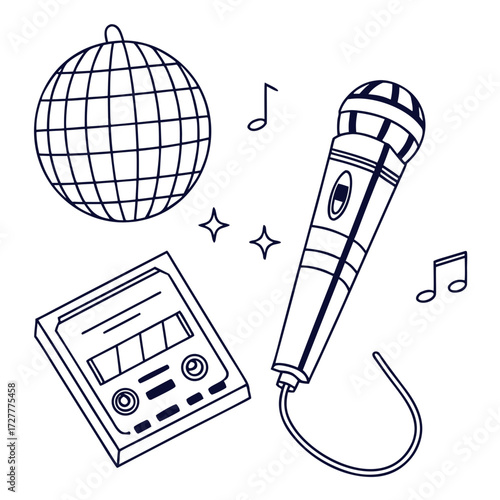 Retro karaoke party elements including a disco ball vintage cassette tape microphone and musical notes on a white background