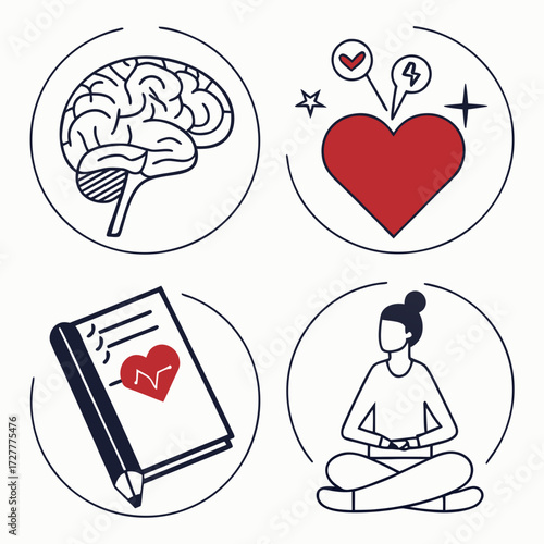 Set of four circular icons representing mental health brain health heart health and meditation wellness and self care concepts
