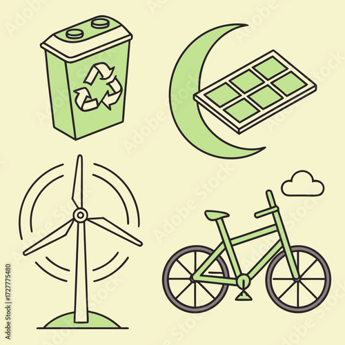Set of four isometric icons representing renewable energy and eco friendly transportation and recycling concepts
