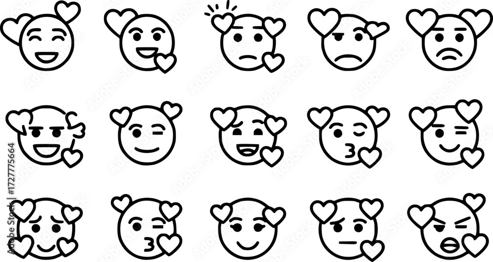 Fototapeta premium Set of love-struck face with hearts outline vector icons