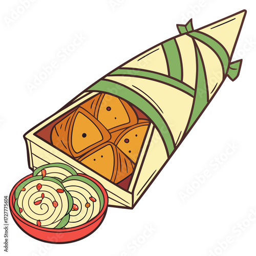 Traditional japanese zongzi or chimaki rice dumplings wrapped in bamboo leaves served with a side of sliced pickled ginger and seaweed salad