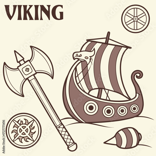 Stylized viking ship axe shield sun wheel and helmet illustrations on a cream background vector art