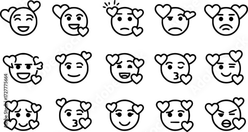 Set of love-struck face with hearts outline vector icons
