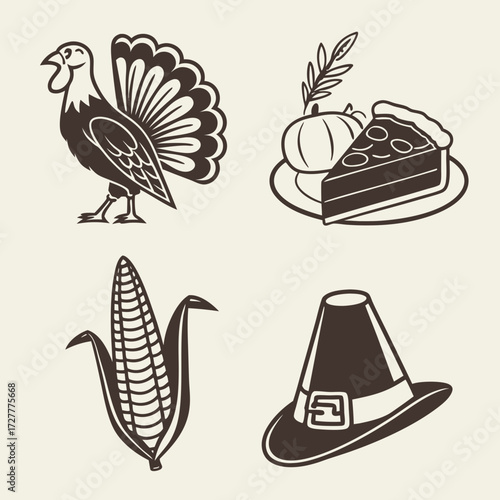 Vintage thanksgiving icons featuring a turkey corn cob pie slice and pilgrim hat on a cream background