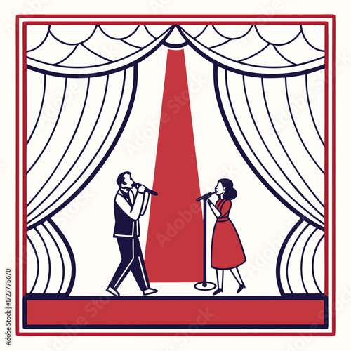 Vintage style illustration of a male and female singer performing together on a stage under a spotlight with curtains