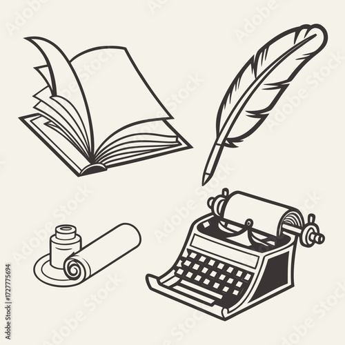 Vintage writing tools including an open book feather quill pen inkwell with scroll and a classic typewriter displayed on a light background