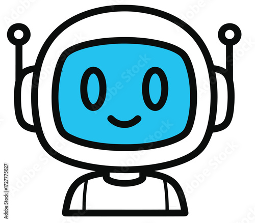 Friendly CHATBOT Cartoon Robot Head and Torso Illustration with Blue Face, Smiling Expression, White Helmet, and Antennae — Cute AI Mascot Design for Apps, Chatbots, Branding, and Educational Graphics
