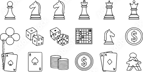 Set of game tokens outline vector icons
