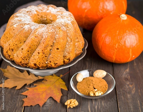 Autumn pumpkin cake on a dark wooden table