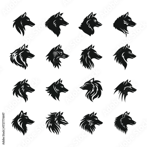 Wolf Silhouette Designs Collection of sixteen wolf head silhouettes in black