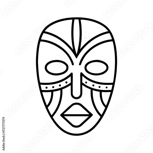 Black and white tribal mask illustration with geometric patterns  