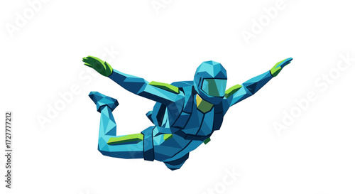 Skydiver in a blue and yellow suit performing a freefall maneuver with arms outstretched isolated on transparent background