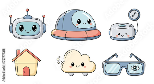 Cute kawaii style robots and objects with happy faces isolated on transparent background