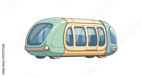 Stylized illustration of a modern light rail tram with large windows and a rounded design isolated on transparent background