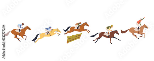 Horse jockeys racing and jumping over obstacle during steeplechase