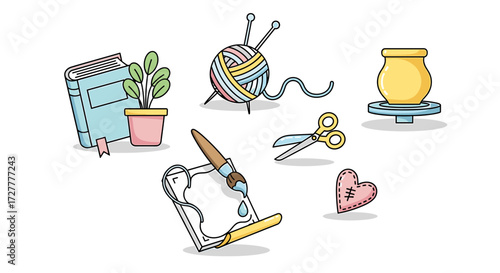 Collection of crafting and hobby items including a book plant yarn scissors stapler and sewing needle isolated on transparent background