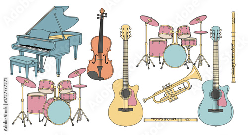 A colorful collection of musical instruments including a grand piano drum sets guitars and a trumpet isolated on transparent background