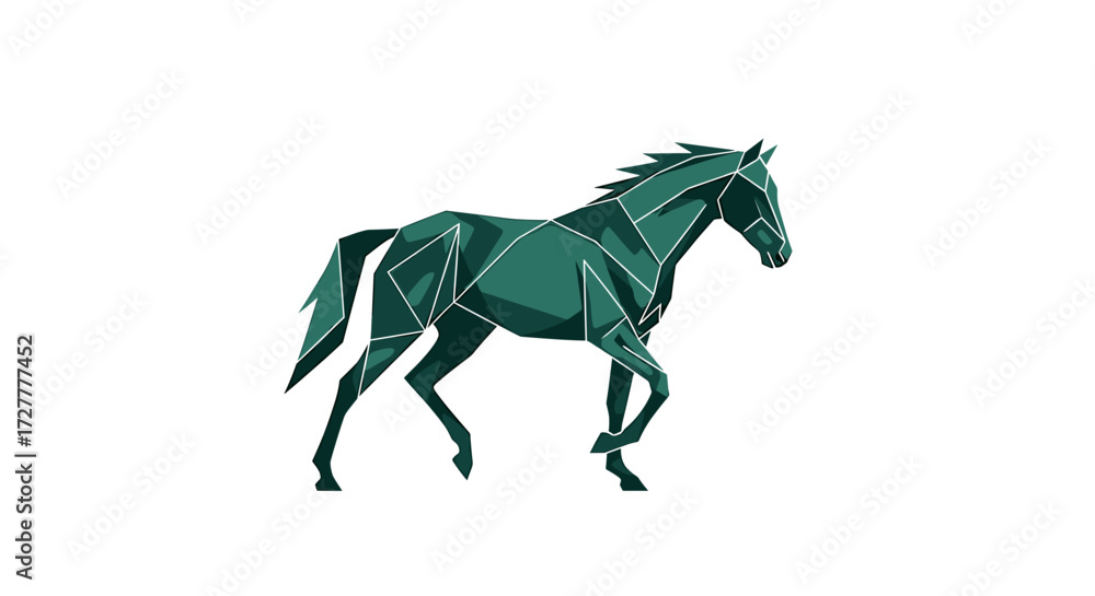 Fototapeta premium A striking dark green origami horse sculpture in a dynamic walking pose isolated on transparent background