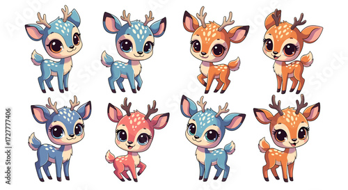 Collection of eight adorable kawaii style baby deer illustrations with big eyes and antlers isolated on transparent background