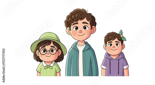 Charming cartoon family portrait of three diverse individuals standing together in a whimsical style isolated on transparent background