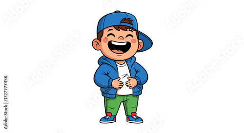 Joyful cartoon boy wearing a blue baseball cap and jacket laughing heartily isolated on transparent background