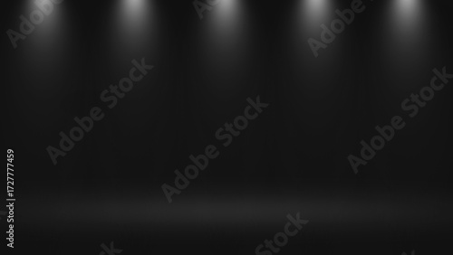 Dramatic stage lighting with symmetrical spotlights in dark theater setting.