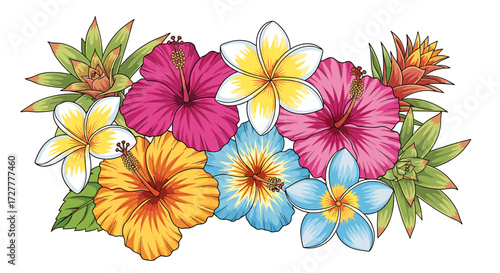 Vibrant tropical flower arrangement featuring hibiscus plumeria and bromeliad isolated on transparent background