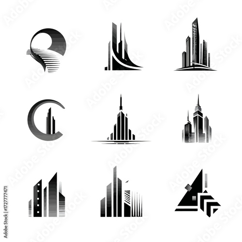 Nine stylized, silhouetted images of buildings, structures, and cityscapes, in gray and black
